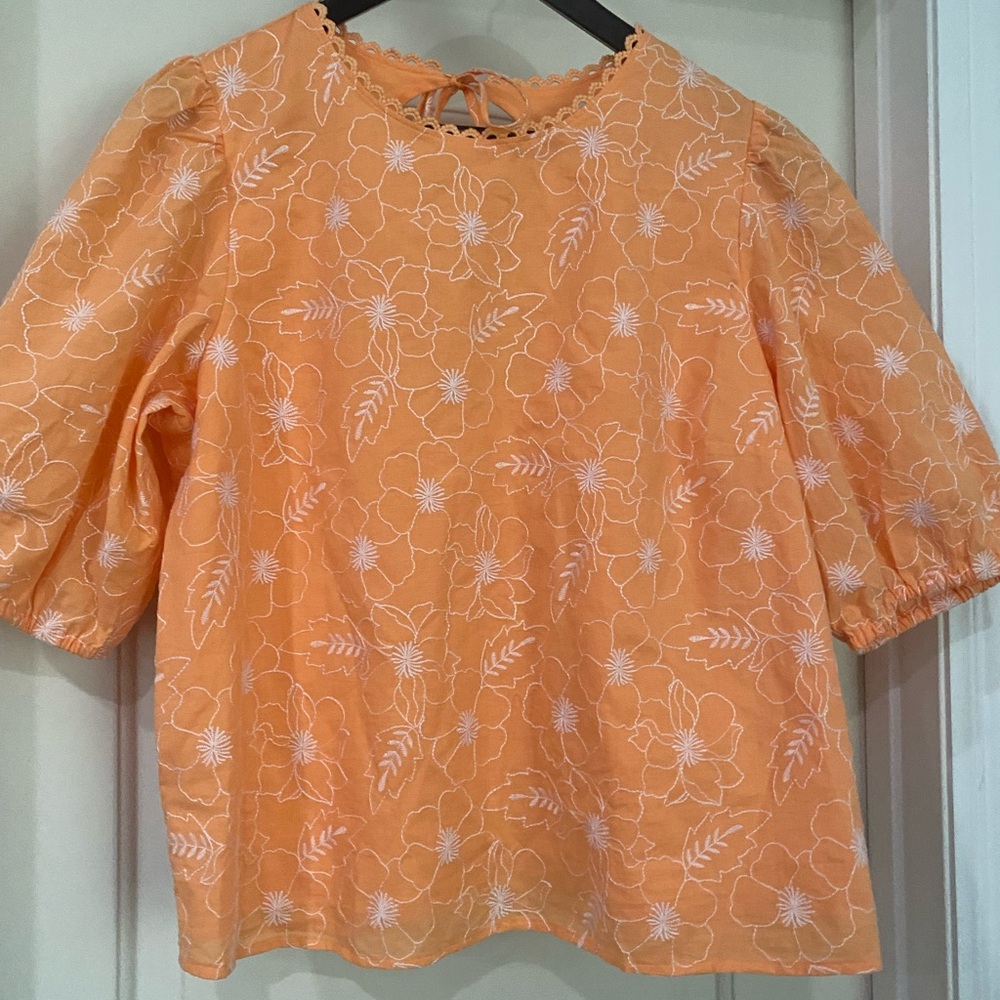 Garden Embroidered Open Back Puff Sleeve Blouse